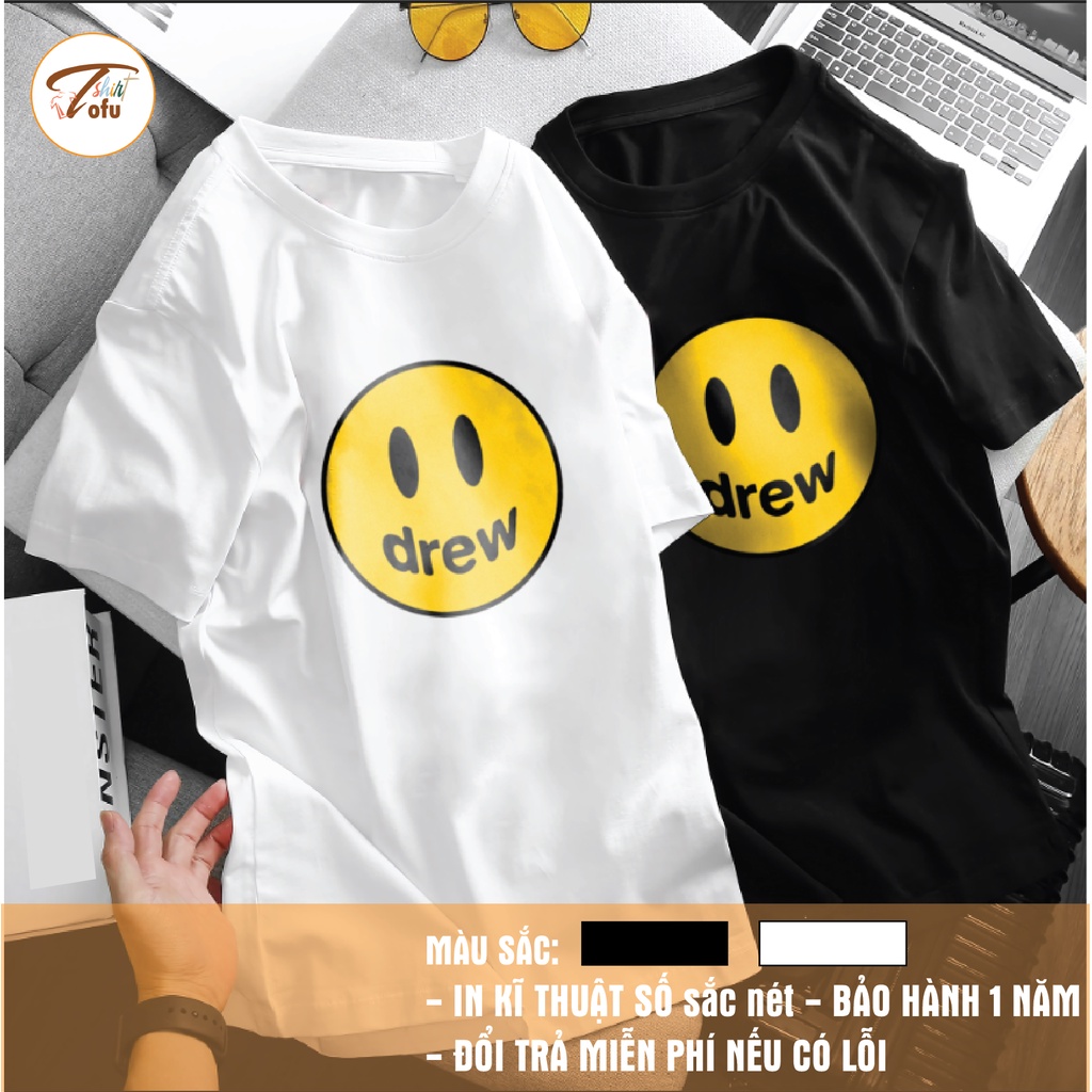 Áo thun Unisex  DREW MẶT CƯỜI, Áo phông dáng rộng tay lỡ, Form oversize Nam nữ, chất liệu cotton 100% thoáng mát