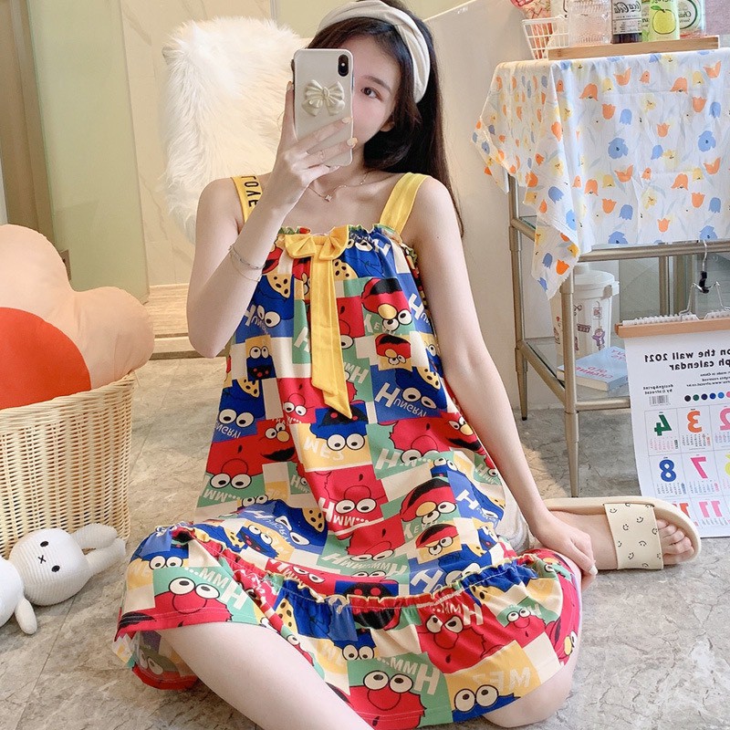 Váy Ngủ Nữ 2 dây chất thun sữa mềm mát - Đầm ngủ dáng suông cho mùa hè họa tiết hoạt hình dễ thương V28444