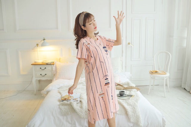 Váy mặc nhà cho mẹ bầu và cho con bú - chất cotton mẫu sọc