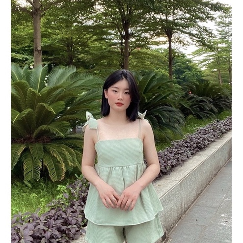 Set áo hai dây kèm nơ vai quần soóc dáng xoè thoáng mát đi chơi đi biển nhiều màu sắc