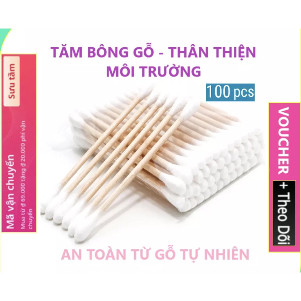 Tăm bông ngoáy tai 100 que thân gỗ thân thiện với môi trường