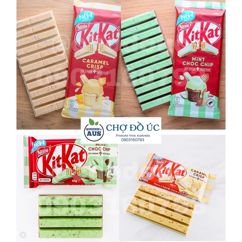 [NEW] KitKat Limited 2021 MINT & CARAMEL ❤️Chocolate KitKat bạc hà Mint Choc Chip & Caramel Crisp - nhập Úc