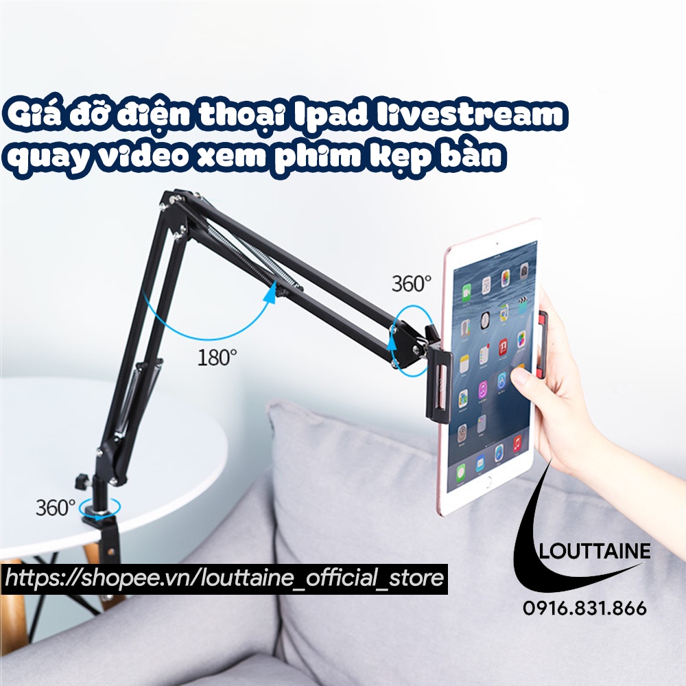 Giá đỡ điện thoại livestream quay video xem phim, giá kẹp ipad góc xoay rộng nhiều góc xoay (size từ 4.8 -10.5 in)