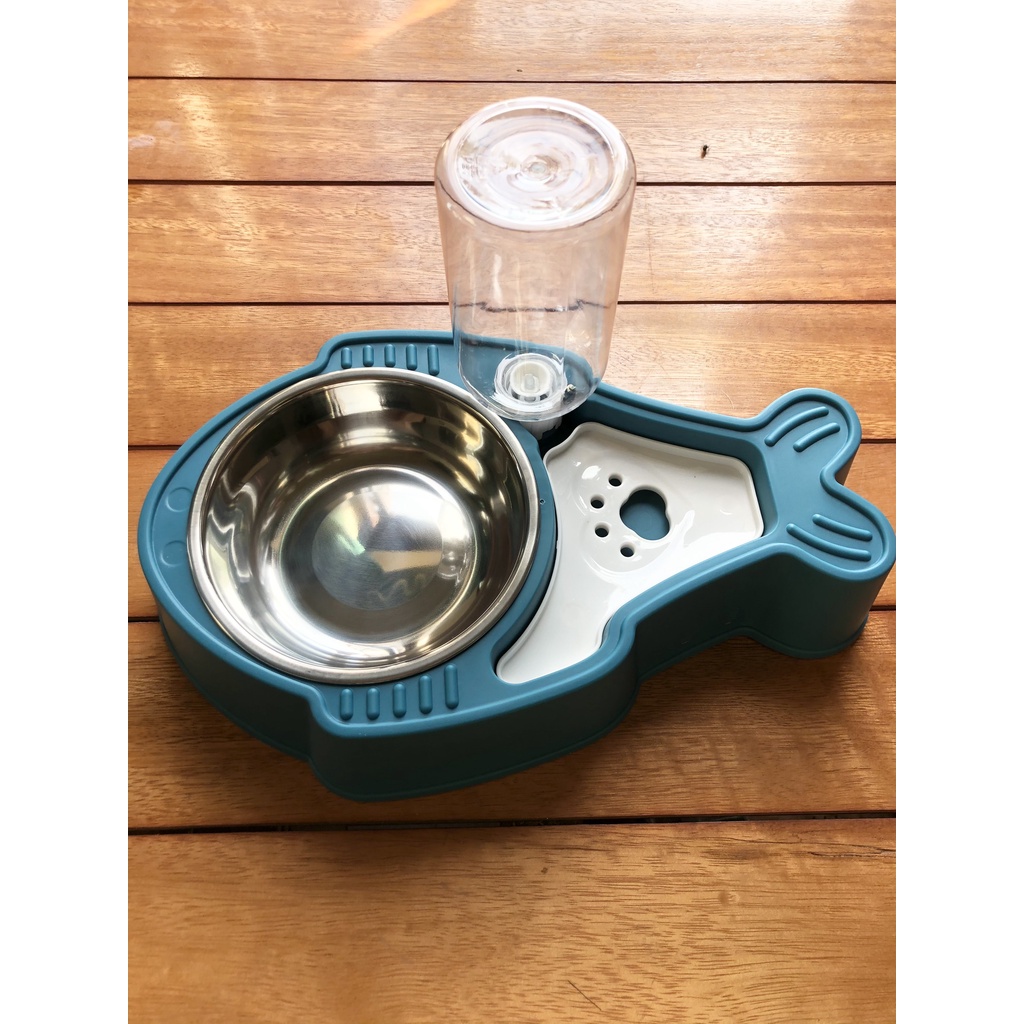 Bát ăn cho mèo - Bát ăn cho chó ruột Inox kèm bình nước tự động
