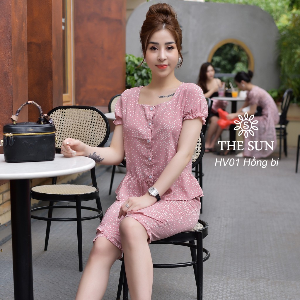 Bộ đồ mặc nhà nữ The Sun cao cấp siêu sang  - Mã  HV01- Chất lụa hàn mát mềm mịn 4 màu xanh, đen, hồng bi, hồng da