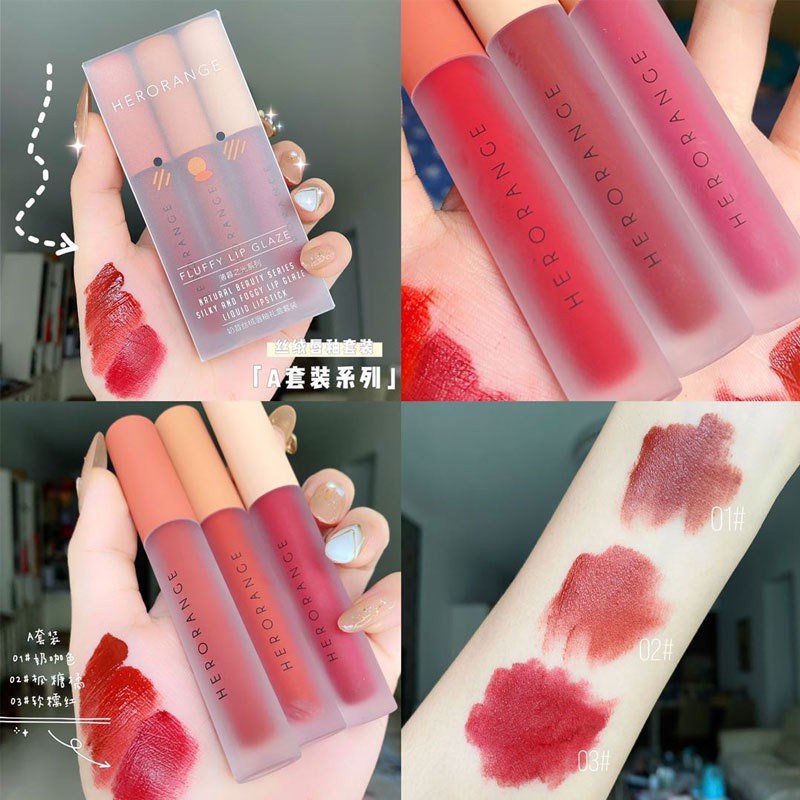 Set 3 Cây Son Kem Lì Herorange Fluffy Lip Glaze Chất Mềm Và Mịn Môi, Lên Màu Cực Chuẩn (SIÊU HOT)