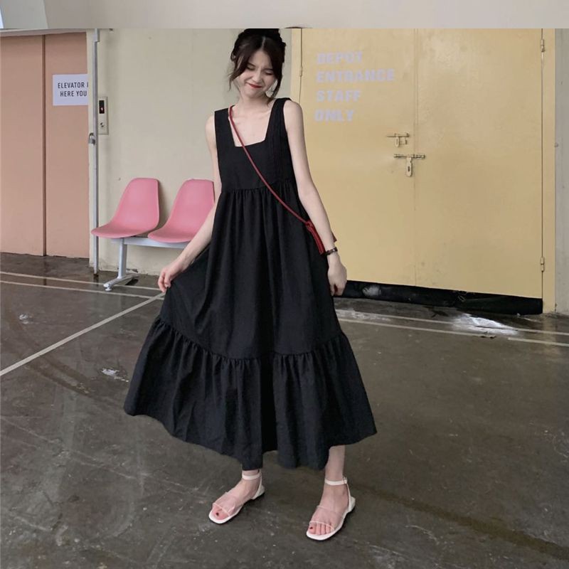 Korean style mid-length square collar summer casual loose pleated suspender skirt，cheap borong of Koreanfashion women's clothing readystock 210521