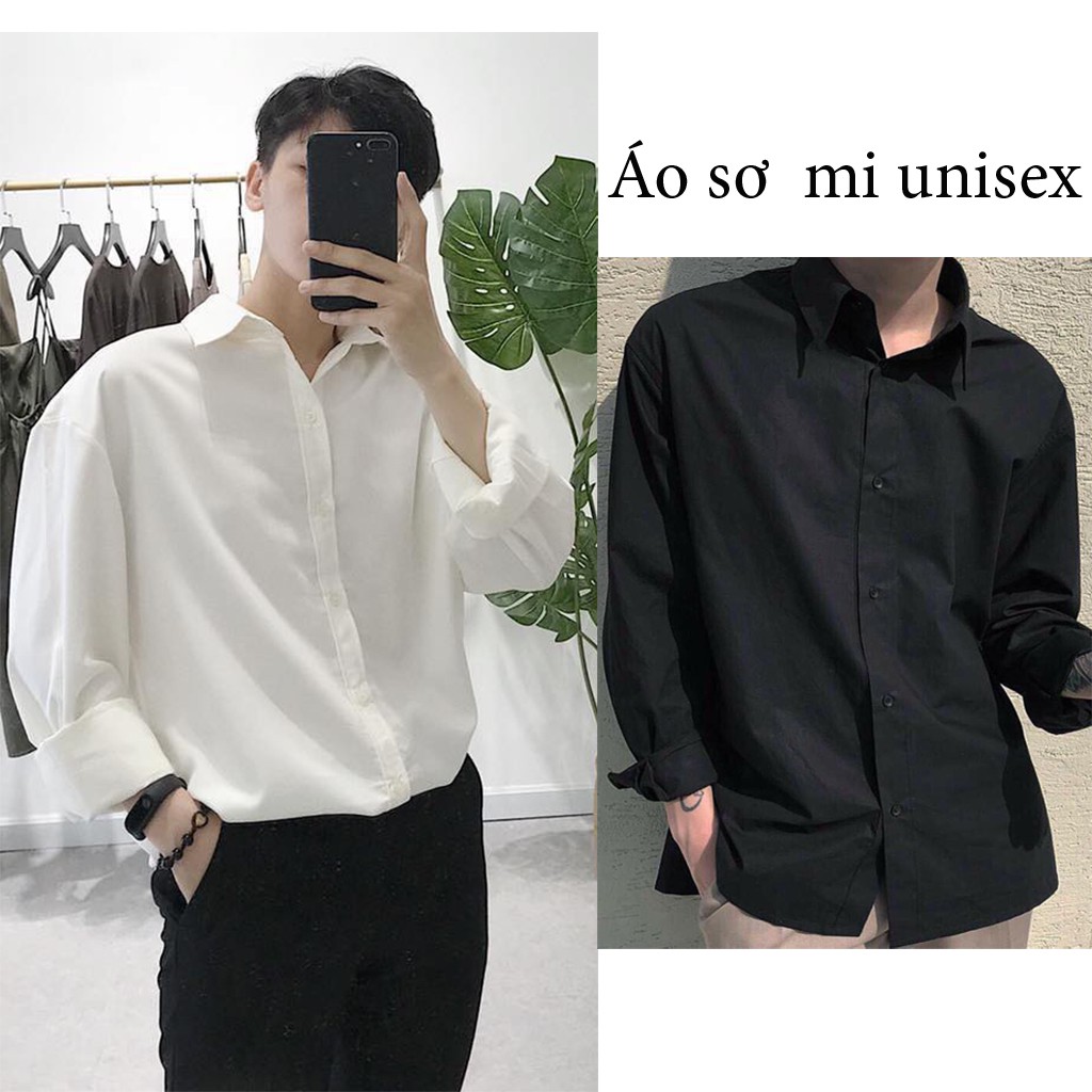 Áo sơ mi unisex trơn màu đen Bacsic chất vải lụa nến mềm mịn thích hợp mùa hè