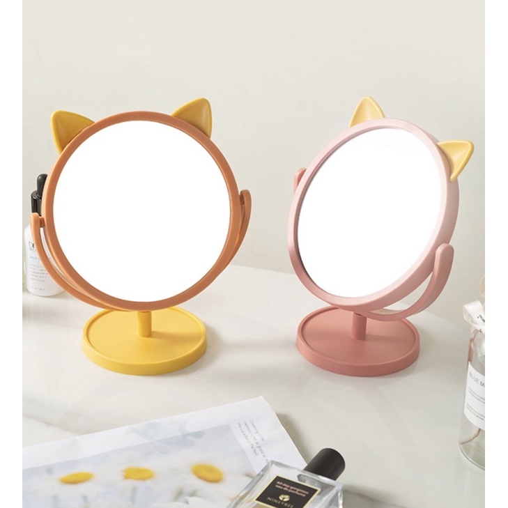 Gương Trang Điểm Để Bàn Mini Hình Tai Mèo đế xoay