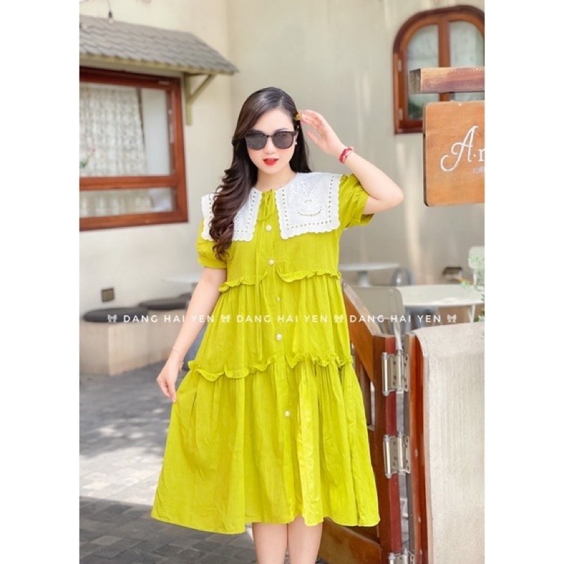 Đầm Babydoll Cổ Phối Ren Siêu Xinh, Đầm Bầu Xinh Nút Ngọc