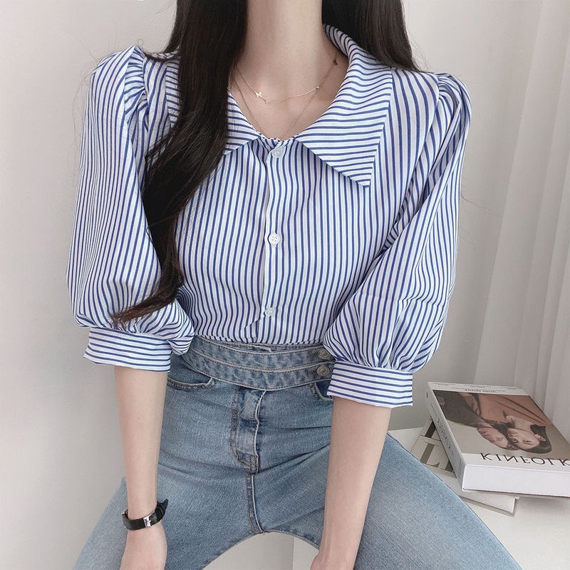 Linki ❀ Áo Sơ Mi Nữ Tay Ngắn Kẻ Sọc Phong Cách Retro Thanh Lịch