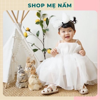 Đầm bé gái hai dây xếp ly dáng xòe phồng công chúa voan tơ mềm mại trắng - Shop Mẹ Nấm