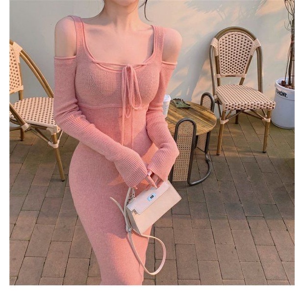Sexy open shoulder Pink Knit bottomed dress 2022 autumn women's French Vintage Hepburn dress
