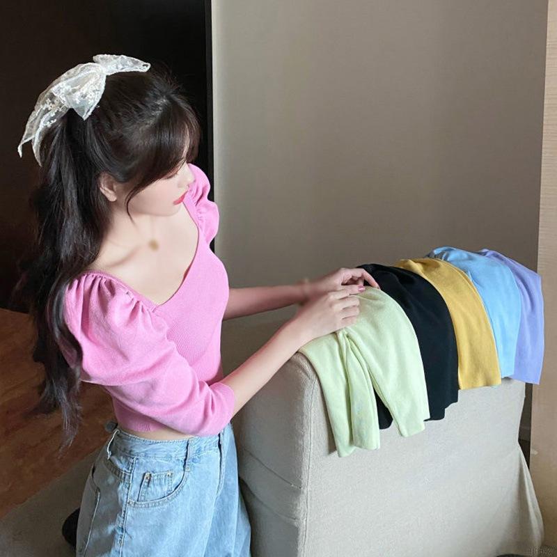 Áo Crop Top Dệt Kim Tay Lỡ Màu Trơn Xinh Xắn Phong Cách Hàn Quốc Cho Phụ Nữ