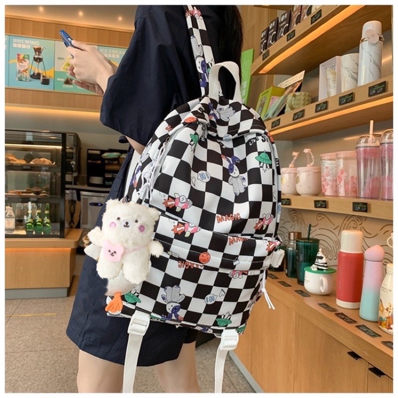 Balo Quảng Châu Hoạ Tiết Phối Caro Chất Vải Chống Thấm 2810 Shop Cặp Nữ Đi Học Thời Trang (Tặng Gấu Bông Tim Hồng)