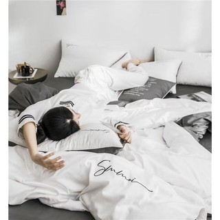 Sét chăn ga lụa tencel sumoi màu trắng phối xám