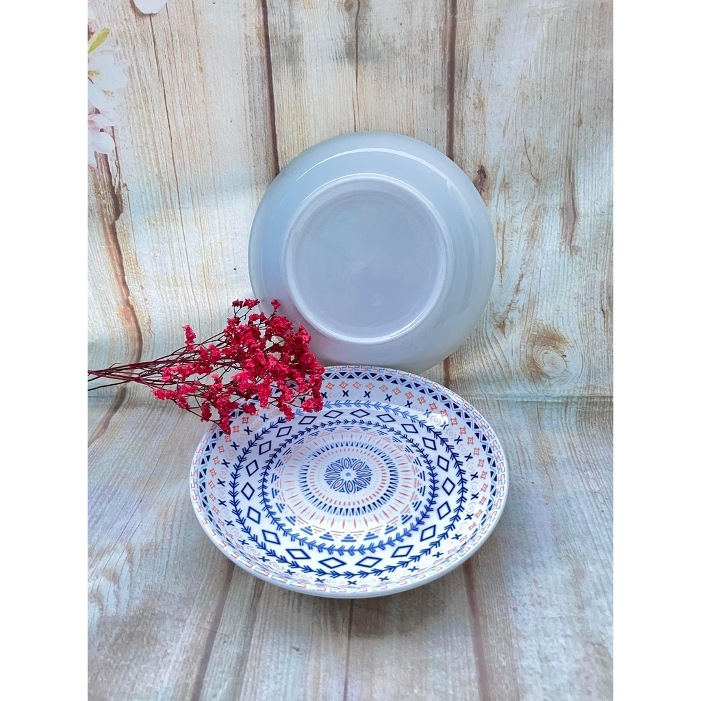 Set 2 dĩa sứ Pastel hoa văn Thổ Cẩm cao cấp đk 20cm - Dĩa sứ họa tiết thổ cẩm sang trọng - Dĩa đựng trái cây , thức ăn