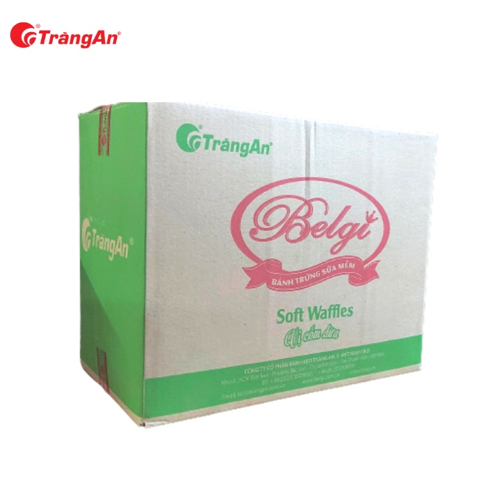 Thùng 12 hộp bánh Belgi trứng sữa mềm vị cốm dừa 322g, phù hợp với trẻ nhỏ, hạn sử dụng 12 tháng