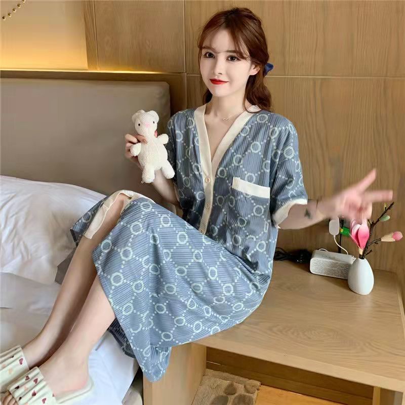 Đầm Ngủ Dài Qua Gối Tay Ngắn Cổ Chữ V Dáng Rộng In Họa Tiết Hoạt Hình Phong Cách Nhật Hàn Thời Trang Mùa Hè Cho Nữ