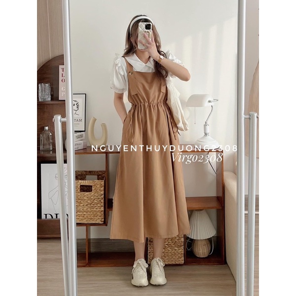 [HÀNG SẴN]SET VÁY YẾM KAKI CHUN EO MIX ÁO SƠMI CỔ SEN 3 MÀU 1191 style Ulzzang