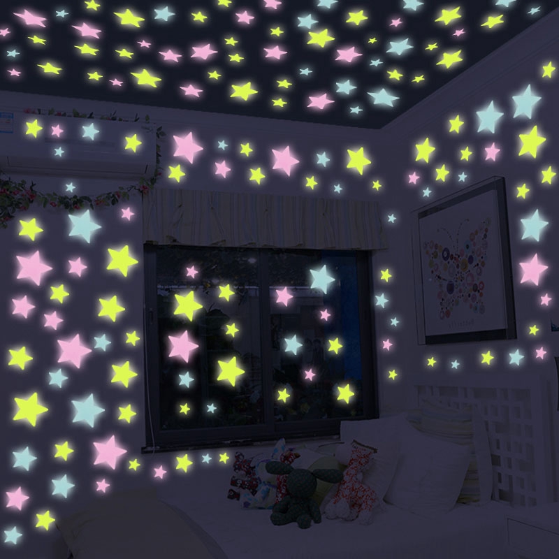 Bộ 100 hình dán tường hình ngôi sao màu dạ quang trang trí phòng ngủ xinh xắn