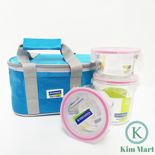 Bộ hộp cơm thủy tinh 720ml + 350ml + 350ml kèm túi giữ nhiệt oval xanh Glasslock Hàn Quốc