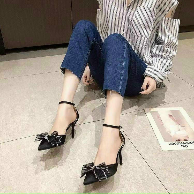 Giày cao gót nữ khoét eo 2 bên nơ đính đá đế chống trơn trượt Th shoes gót 7cm