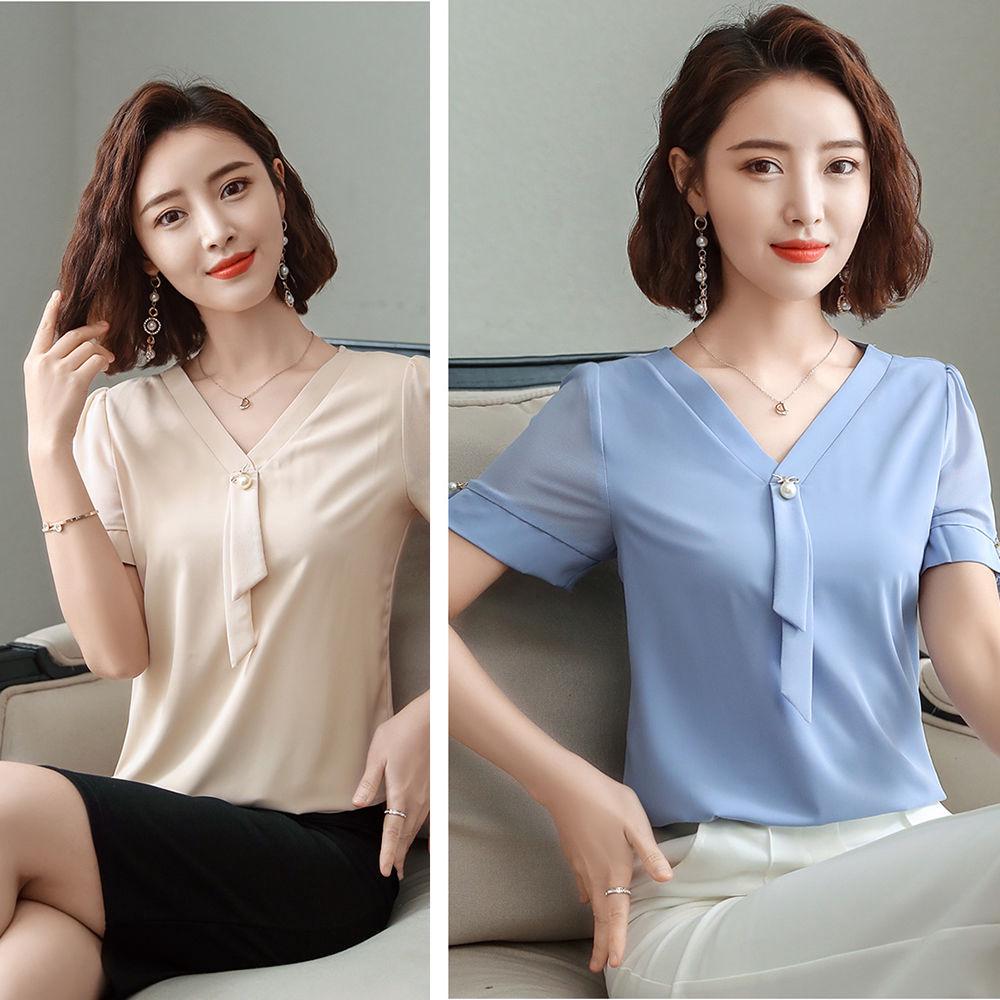 Áo nữ mùa hè tay ngắn chất Chiffon kiểu công sở nhã nhặn