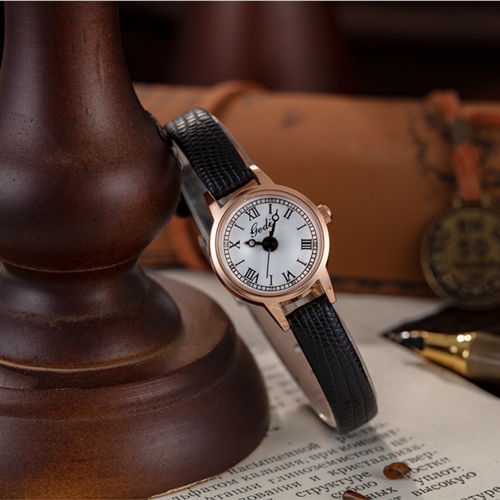 Đồng hồ nữ mặt siêu nhỏ GEDI MINI Hàn Quốc chính hãng dây da cao cấp màu Đen mặt trắng Tif Watches size 25mm