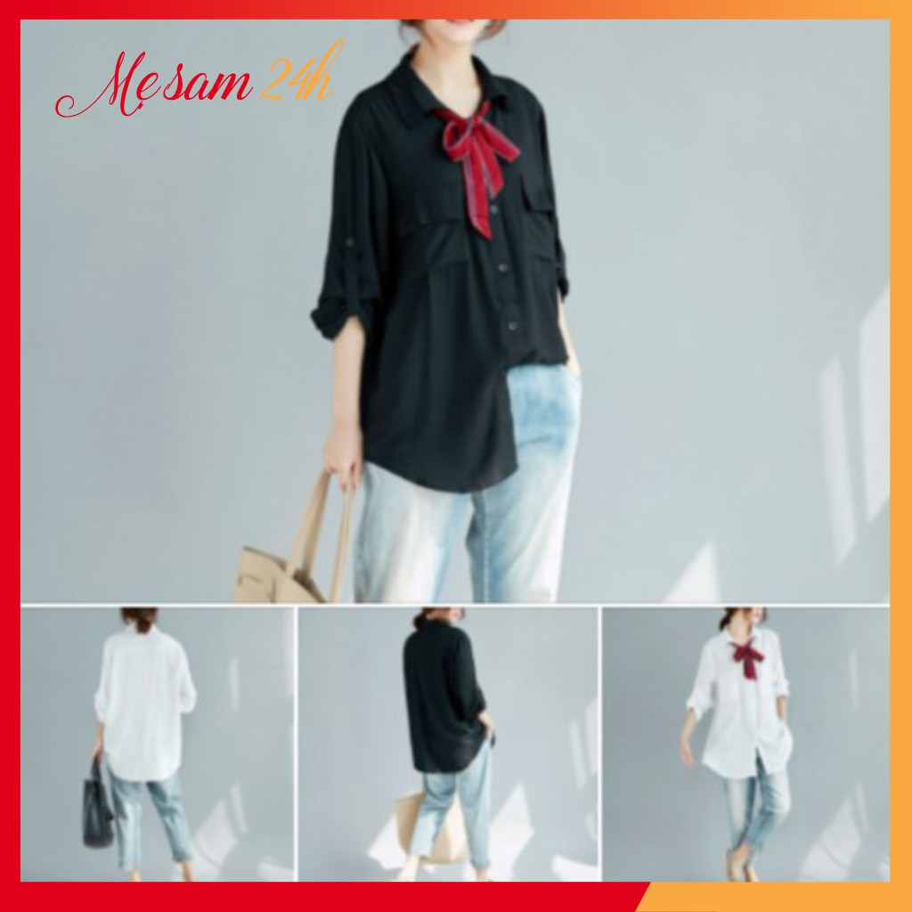Áo sơ mi nữ dài tay form rộng, sơ mi đũi Mẹ Sam 24h, chất liệu mềm mát, size từ 40 đến 85kg SMH.47