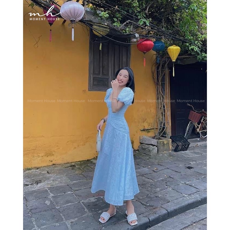 MILA DRESS - đầm xanh dương có tay dáng dài, hàng thiết kế cao cấp, lên form cực chuẩn