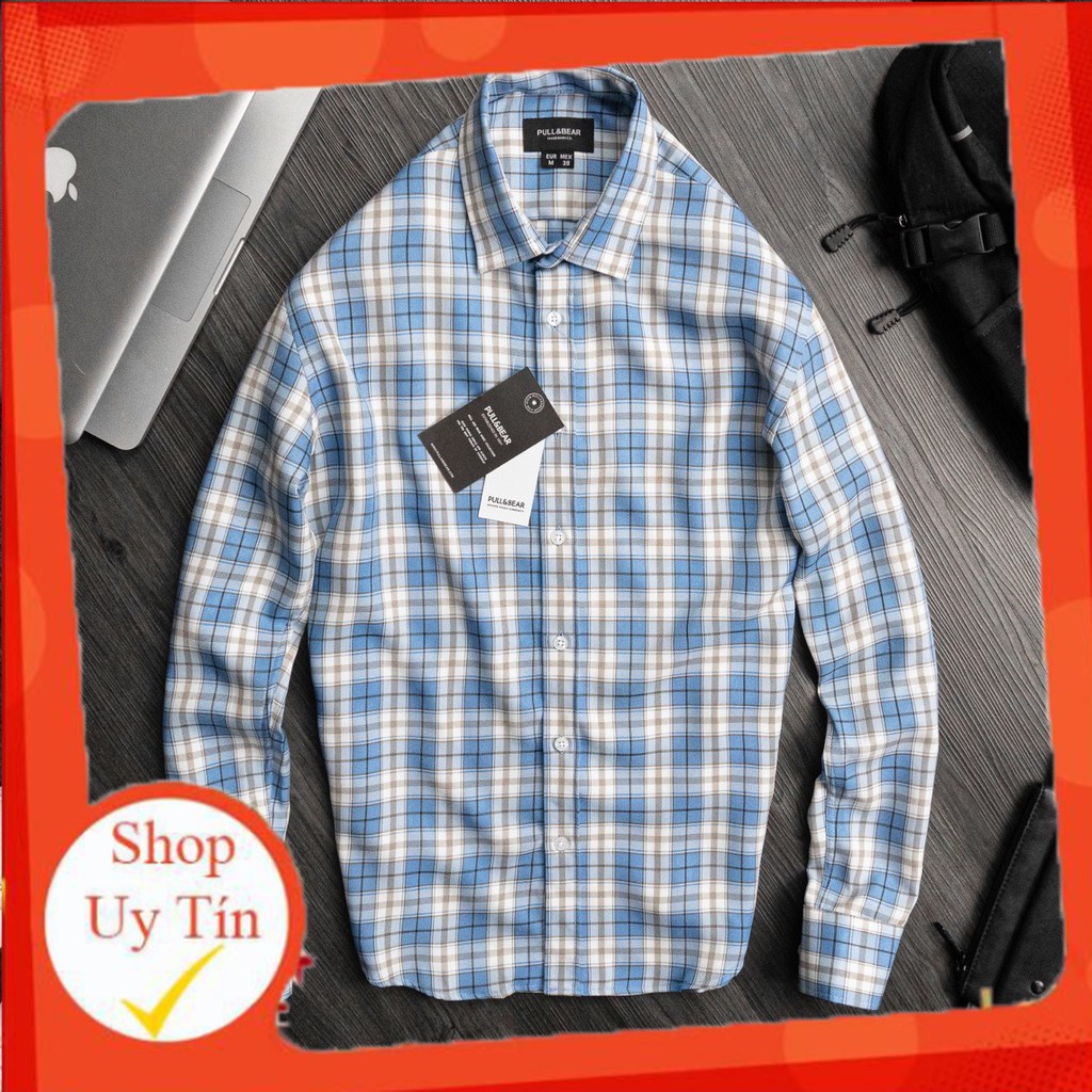 HÀNG VNXK - Áo sơ mi cotton mịn kẻ caro trắng xanh đẹp SIÊU CẤP ( hình thật 100% ) -PB14-