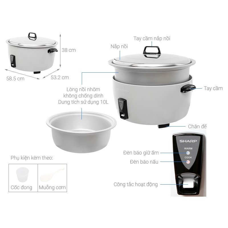 Nồi Cơm Điện Nắp Rời Sharp KSH-D1010V 10L, sản xuất Thái Lan, bảo hành chính hãng