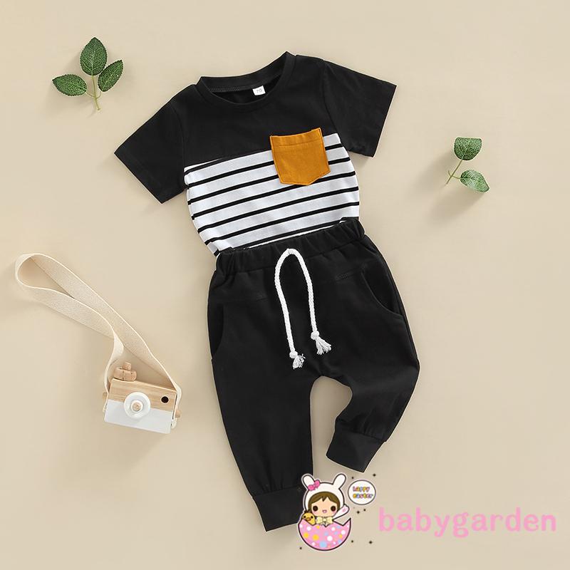 Set Đồ Mùa Hè 2 Món Gồm Áo Thun Tay Ngắn Cổ Tròn Kẻ Sọc + Quần Dài Màu Trơn Cho Bé Trai 6 Tháng Tuổi