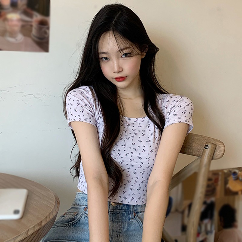 Áo Thun Ngắn Tay Cổ Vuông In Họa Tiết Hoa Phong Cách Hàn Quốc Dành Cho Nữ