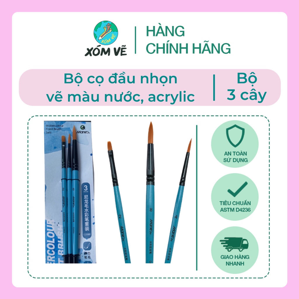 [XÓM VẼ] Cọ vẽ màu nước, màu acrylic, gouache CƠ BẢN - bộ 3 cây