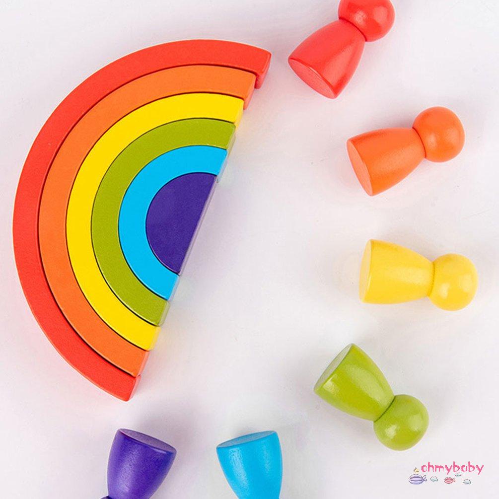 【OMB】 Early Educational Toys Creative Rainbow Arched Building Blocks Wood Game