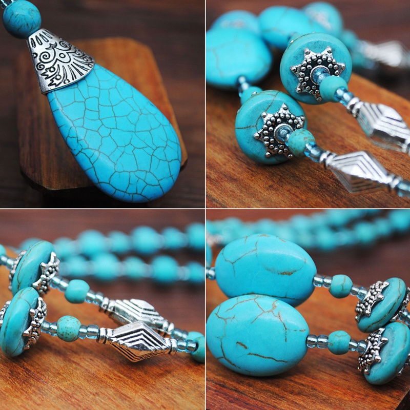 Set 3 Vòng cổ Và Bông Tai Đính Đá Ngọc Lam Ngọc Lam Phong Cách Vintage