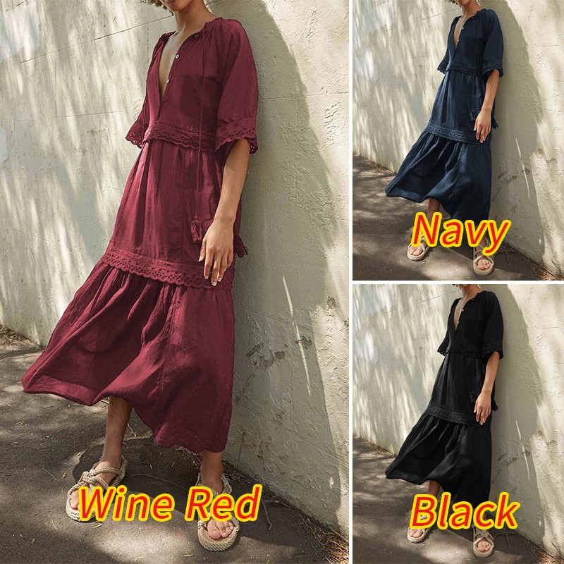 Đầm Cotton Linen VONDA Dáng Rộng Tay Lửng Phối Nút Thời Trang Cho Nữ | BigBuy360 - bigbuy360.vn
