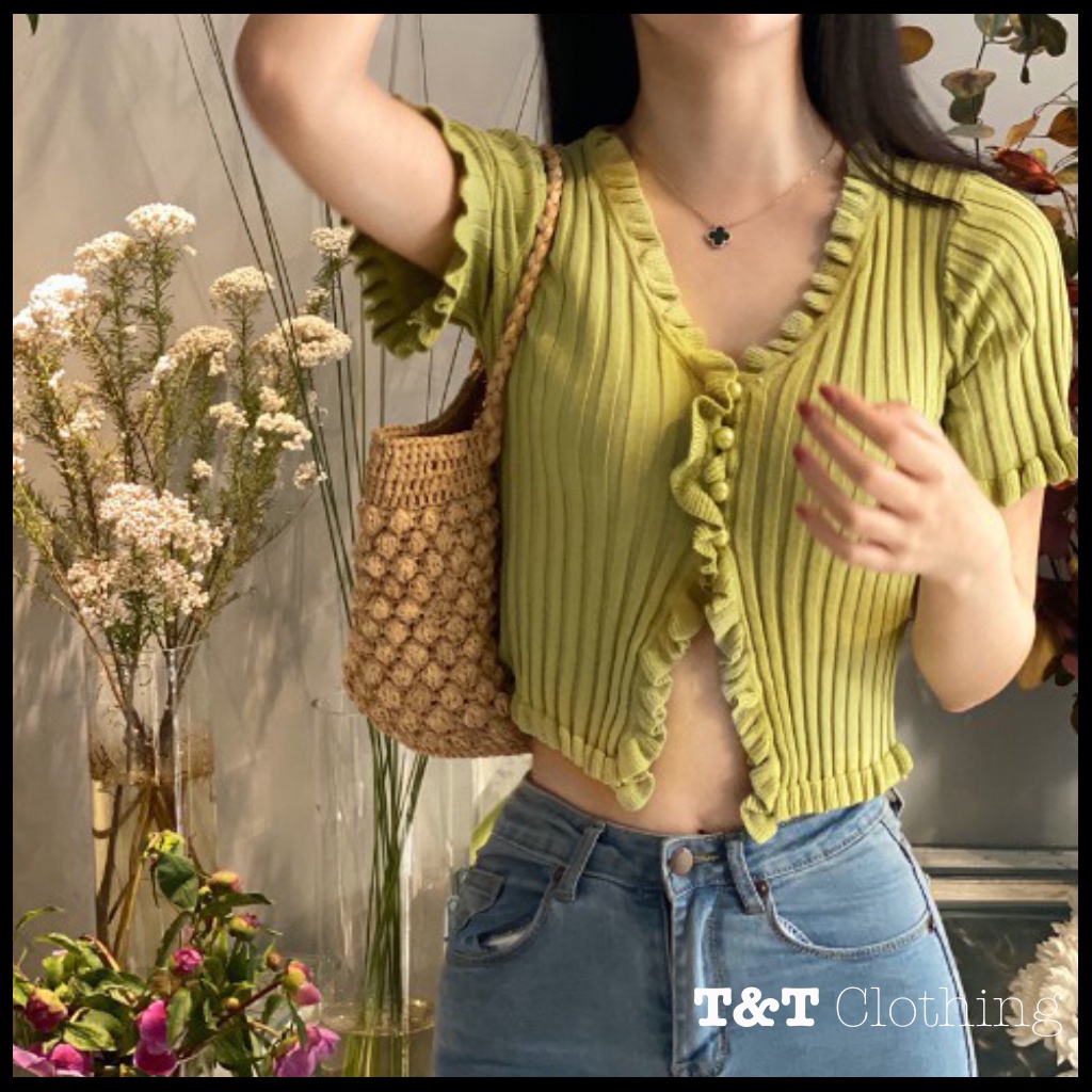ÁO CROPTOP NỮ GÂN BÈO NÚT BỌC | áo kiểu nữ - áo thun 💃By 23t.shop | BigBuy360 - bigbuy360.vn