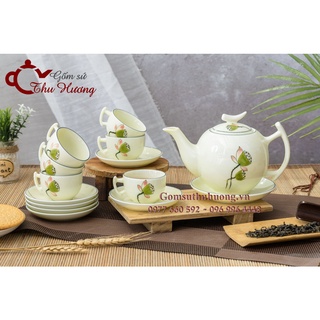 Ấm chén Bát Tràng_Bộ trà bưởi cành men kem vẽ đài sen