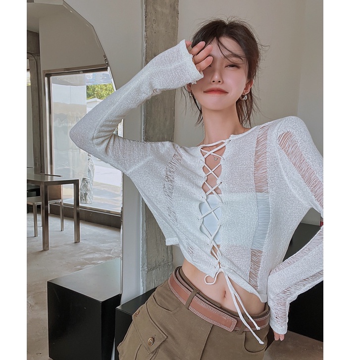QKOOLE Áo croptop  dệt kim tay dài chống nắng phong cách Hàn Quốc cho nữ với 3 màu tùy chọn