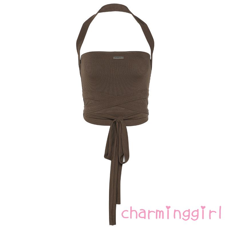 QAQ-Women´s Halter Camisole Letter Pattern Sleeveless Backless Bandage Slim Fit Vest Crop Tops