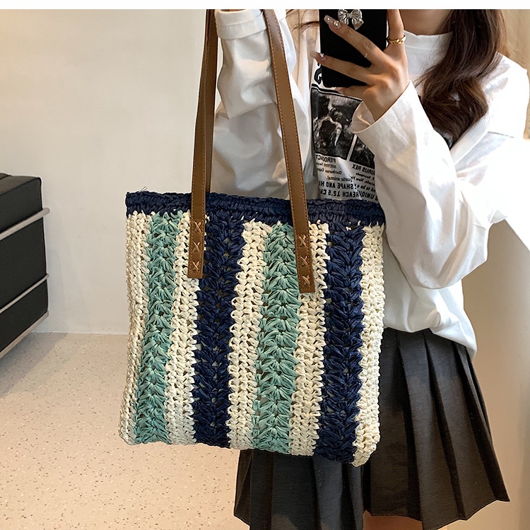 Túi cói Tote vuông Vintage dây da - sọc dọc pha màu (mẫu mới)