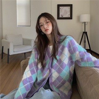 Áo khoác len cardigan tông tím - xanh ngọc họa tiết kẻ ô quả trám trẻ trung thanh lịch