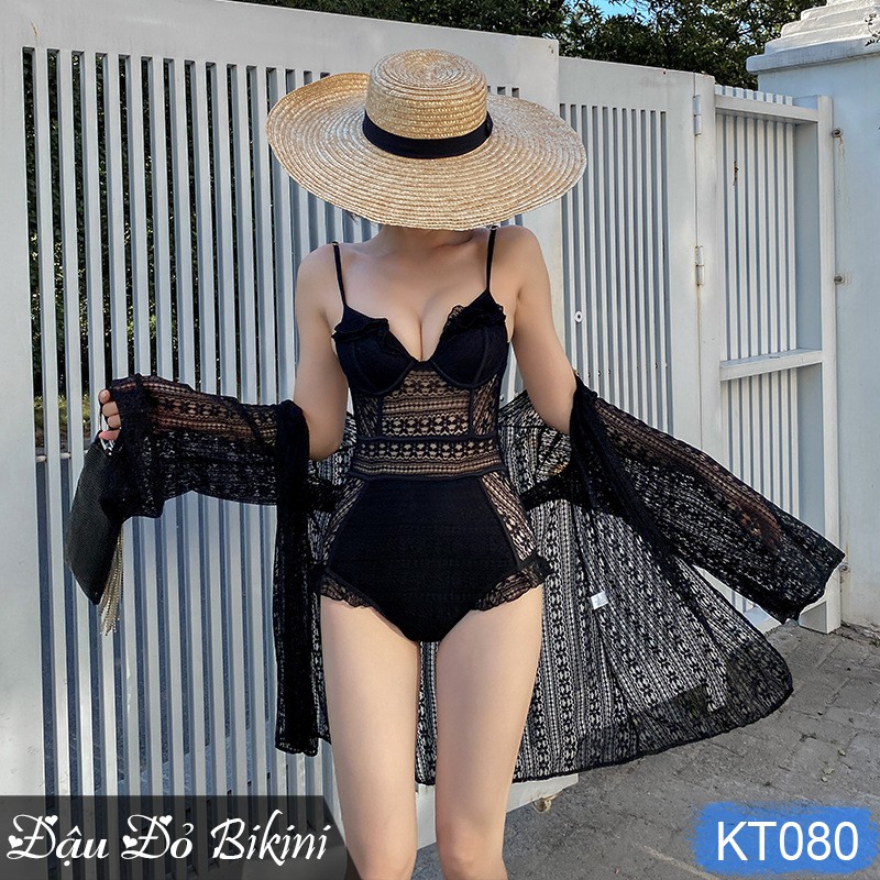 Bộ bơi liền thân phối ren sang chảnh kèm áo choàng kimono ren sexy, Bikini cao cấp mẫu mới 2021, chất đẹp | KT080