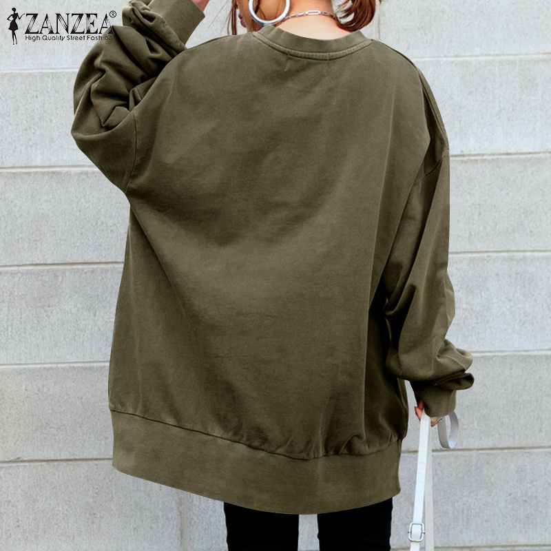 Áo sweatshirt ZANZEA tay dài màu trơn cổ tròn dáng rộng thoải mái dành cho nữ
