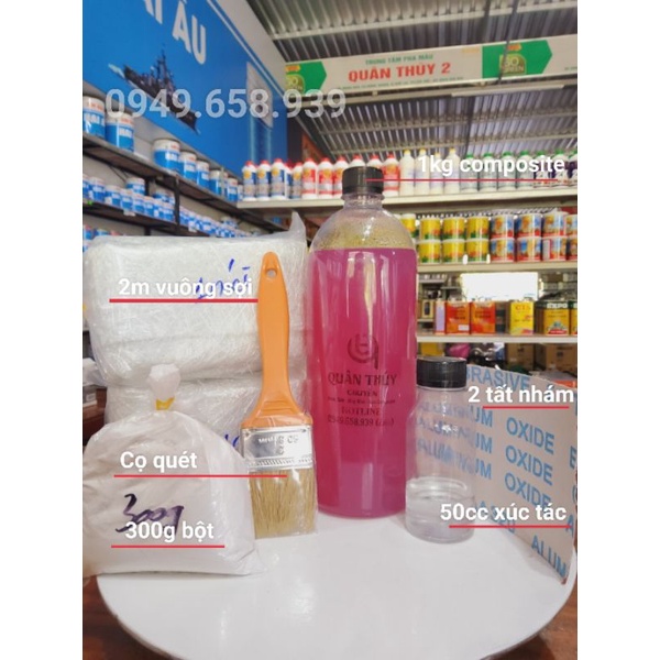 Combo 6 món gồm 1Kg nhựa Composite, 2 mét sợi thủy tinh bao gồm xúc tác và phụ liệu khác.