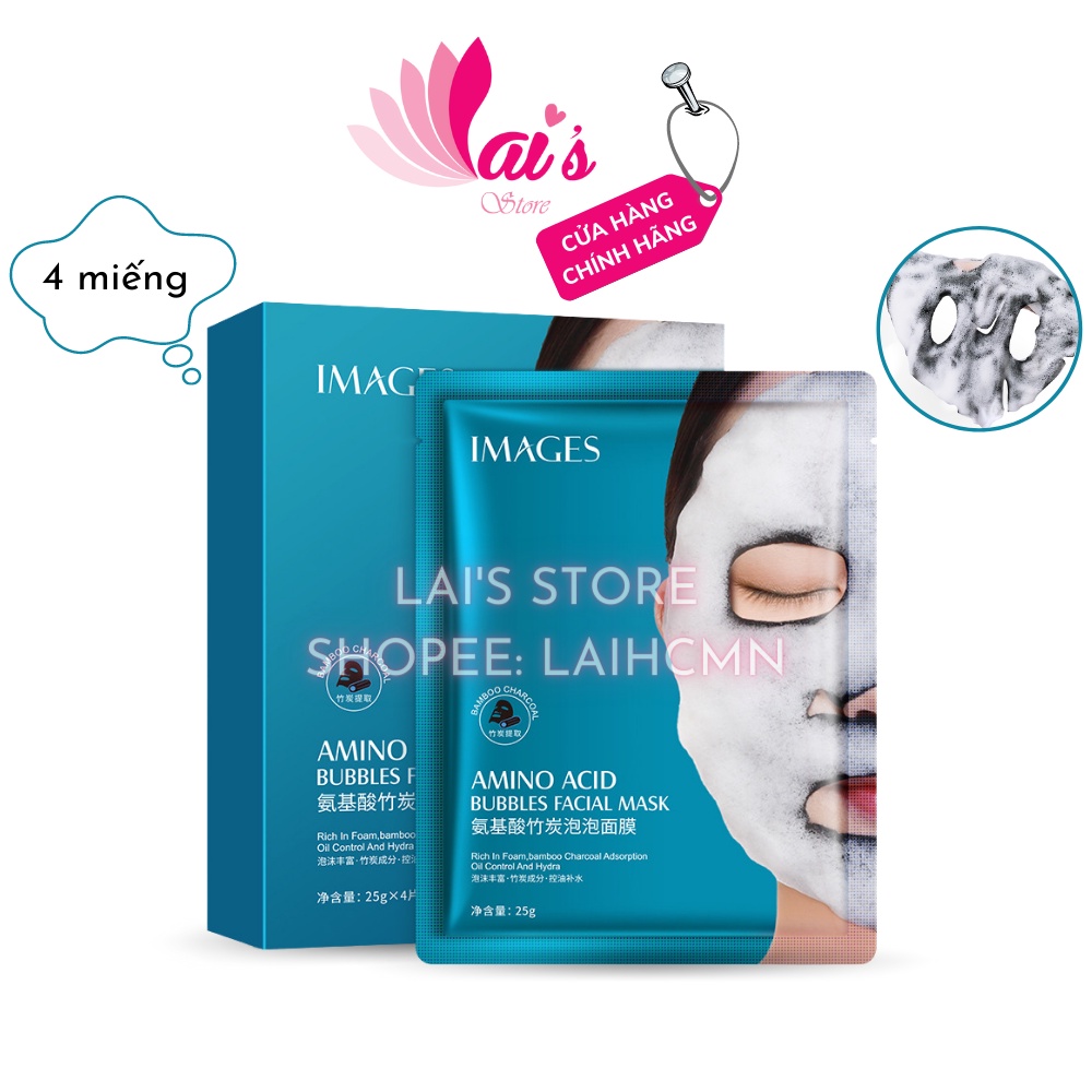 Hộp 4 Mếng Mặt Nạ Than Tre Sủi Bọt Images Amino Acid Bubbles Facial Mask Dưỡng Ẩm, Kiểm Soát Dầu, Sạch Sâu, Mụn Đầu Đen