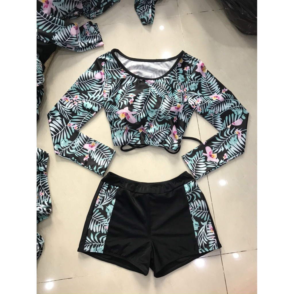 Bikini, Đồ Bơi Đi Biển Hai Mảnh Tay Dài Họa tiết Quần Phối Hoa ODERI HM-052